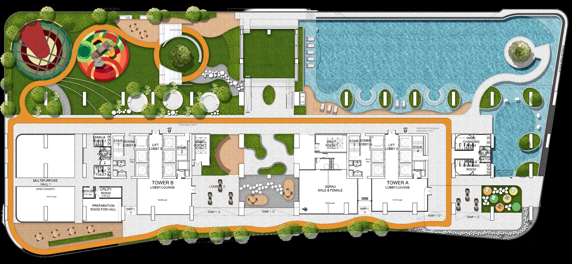 Laverra Level 9 facilities plan with infinity pool, lawns, playground and basketball court