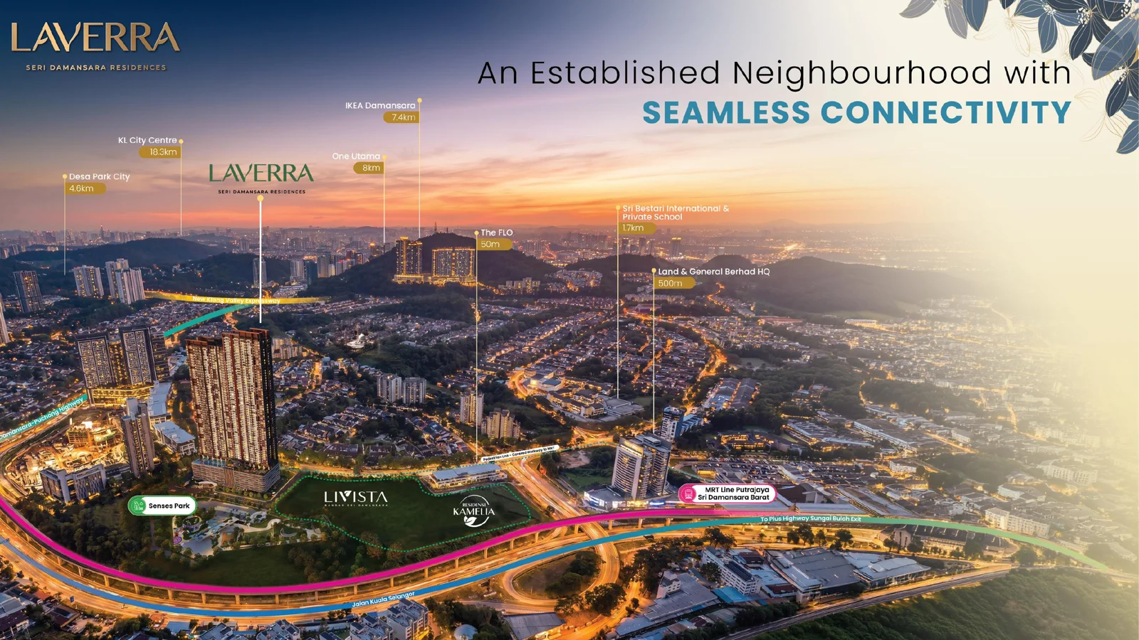 Location map of Laverra in Bandar Sri Damansara with the MRT, Senses Park, highways and nearby places