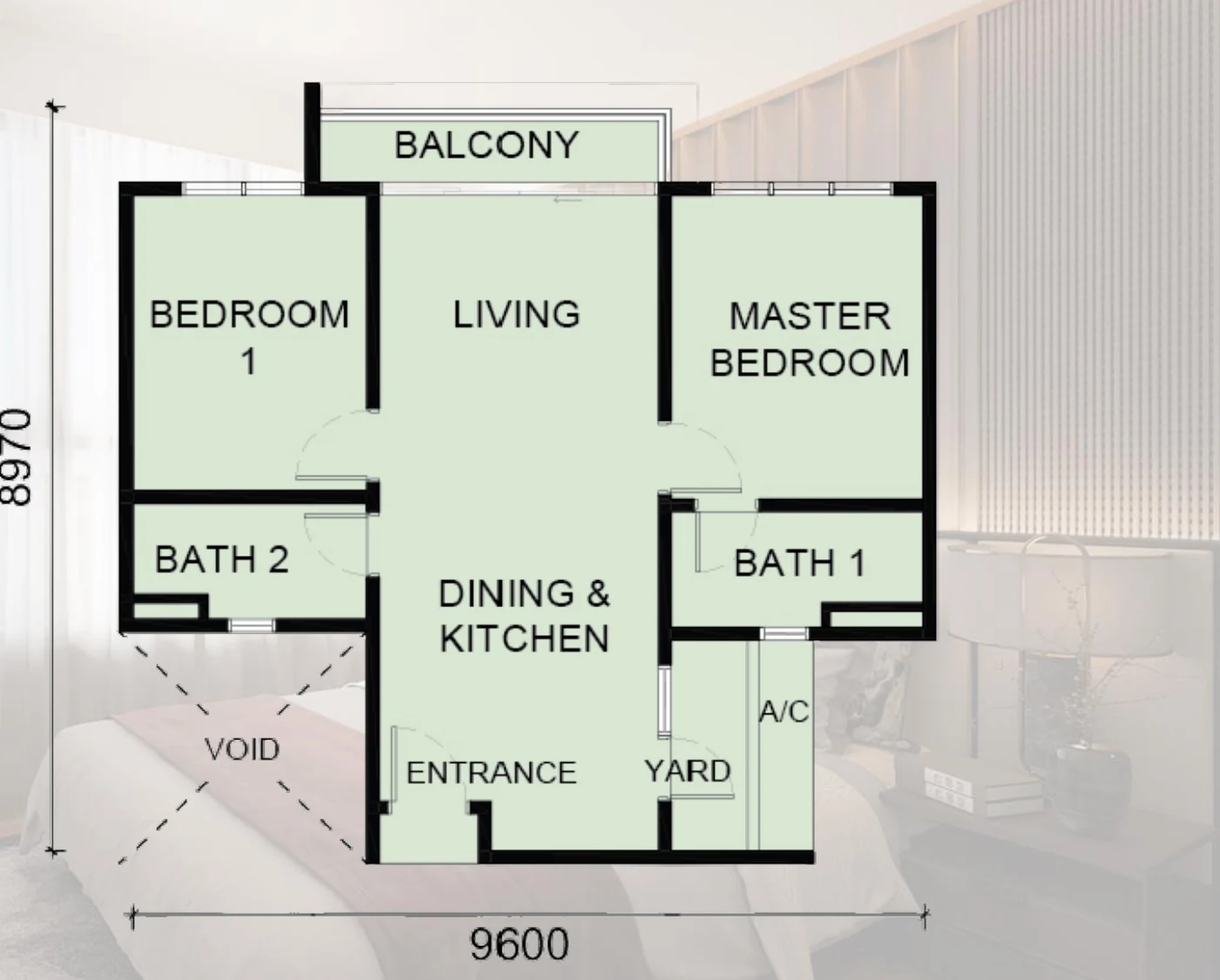 Laverra floor plan Type A, 725 sq ft, 2 bed, 2 bath