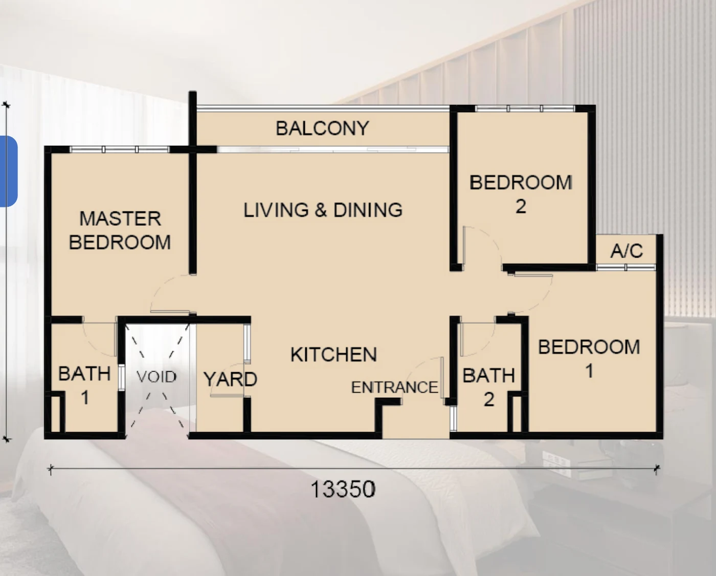 Laverra floor plan Type B, 905 sq ft, 3 bed, 2 bath