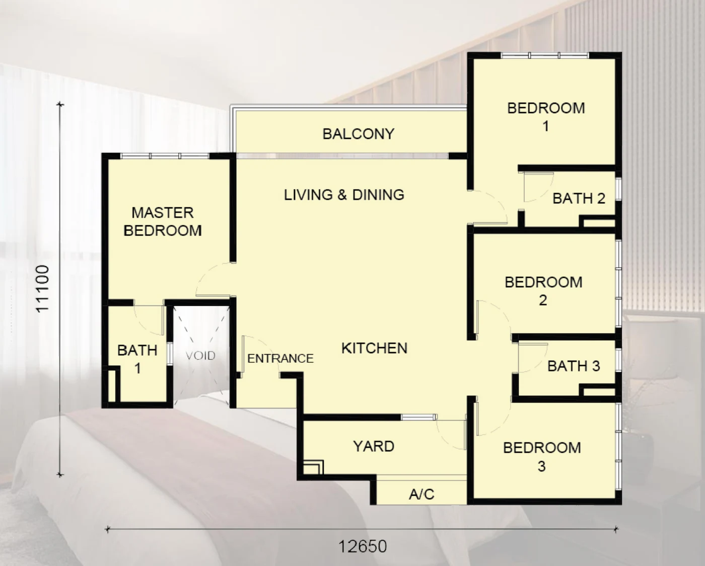 Laverra floor plan Type C, 1,150 sq ft, 4 bed, 3 bath